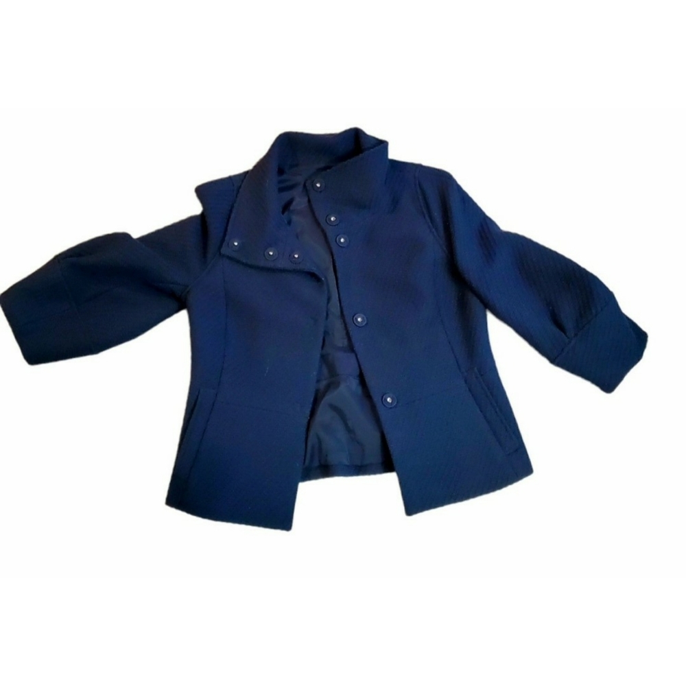 Ann Taylor navy jacket blazer thick fabric lined  sz M 87% Wool mix elegant